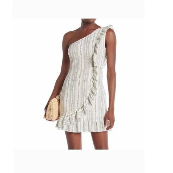 Linen Blend Sleeveless One Shoulder Mini Dress Ruffle Pinstripe Black & white S - Picture 12 of 14